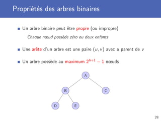 Propriétés des arbres binaires
Un arbre binaire peut être propre (ou impropre)
Chaque nœud possède zéro ou deux enfants
Une arête d’un arbre est une paire (u, v) avec u parent de v
Un arbre possède au maximum 2h+1 − 1 nœuds
A
B
D E
C
28
 