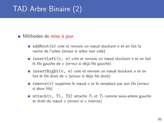 TAD Arbre Binaire (2)
Méthodes de mise à jour
addRoot(e) crée et renvoie un nœud stockant e et en fait la
racine de l’arbre (erreur si arbre non vide)
insertLeft(v, e) crée et renvoie un nœud stockant e et en fait
le ﬁls gauche de v (erreur si déjà ﬁls gauche)
insertRight(v, e) crée et renvoie un nœud stockant e et en
fait le ﬁls droit de v (erreur si déjà ﬁls droit)
remove(v) supprime le nœud v et le remplace par son ﬁls (erreur
si deux ﬁls)
attach(v, T1, T2) attache T1 et T2 comme sous-arbres gauche
et droit du nœud v (erreur si v interne)
30
 