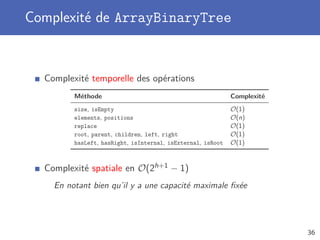 Complexité de ArrayBinaryTree
Complexité temporelle des opérations
Méthode Complexité
size, isEmpty O(1)
elements, positions O(n)
replace O(1)
root, parent, children, left, right O(1)
hasLeft, hasRight, isInternal, isExternal, isRoot O(1)
Complexité spatiale en O(2h+1 − 1)
En notant bien qu’il y a une capacité maximale ﬁxée
36
 
