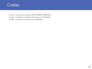 Crédits
https://www.ﬂickr.com/photos/127497725@N02/16695848708
https://www.ﬂickr.com/photos/arenamontanus/14770259458
https://www.ﬂickr.com/photos/tudor/295942966
46
 