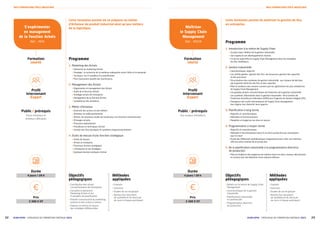 23
22 ECAM-EPMI - CATALOGUE DE FORMATION CONTINUE 2021
ECAM-EPMI – CATALOGUE DE FORMATION CONTINUE 2021
NOS FORMATIONS PÔLE INDUSTRIE
NOS FORMATIONS PÔLE INDUSTRIE
Formation
courte
Profil
intervenant
Expert
Maîtriser
le Supply Chain
Management
Réf. : MSCM
Cette formation permet de maîtriser la gestion de flux
en entreprise.
Durée
4 jours / 28 h
Prix
3 300 € HT
Programme
1. Introduction à la notion de Supply Chain
	
| Sa place dans l’édifice de la gestion industrielle
	
| Son origine et ses développements récents
	
| Ce qu’est aujourd’hui le Supply Chain Management dans ses exemples
les plus révélateurs
2. Gestion industrielle
	
| Caractéristiques, objectifs
	
| Les entités gérées : gestion des flux, de ressources, gestion des capacités
et des processus
	
| Structurations des systèmes de gestion industrielle : par niveaux de décision,
par la gestion distincte des flux et des capacités
	
| Mise en évidence des niveaux couverts par les applications les plus révélatrices
de Supply Chain Management
	
| Les grandes phases caractéristiques de l’évolution de la gestion industrielle
	
| Les systèmes informatisés dans la gestion industrielle : de la Gestion de
Production Assistée par Ordinateur (GPAO) aux Progiciels de Gestion Intégrée (PGI)
	
| Émergence des outils informatiques de Supply Chain management :
leur origine, leur diversité, leurs apports
3. Planification à long terme
	
| Objectifs et caractéristiques
	
| Méthodes et fonctionnement
	
| Modalités et exigences de mise en oeuvre
4. Programmation à moyen terme
	
| Objectifs et caractéristiques
	
| Méthode et fonctionnement dans le cas de la production par anticipation
pour le stock
	
| Étude des différentes problématiques d’application pour créer une interface
efficace entre commercial et production
5. De la planification industrielle à la programmation directrice
de production
	
| Mise en évidence des exigences de relation entre ces deux niveaux décisionnels
et construction des éléments d’une réponse efficace
Objectifs
pédagogiques
	
| Détails sur la notion de Supply Chain
Management
	
| Caractéristiques de la gestion
industrielle
	
| Planifications industrielle
et commerciale
	
| Programmation directrice
de production
Méthodes
appliquées
	
| Exposés
	
| Exercices
	
| Études de cas en groupe
	
| Remise d’un document
de synthèse et du fascicule
de cours à chaque participant
Public / prérequis
Tous niveaux d’Acheteurs
Formation
courte
Profil
intervenant
Expert
S’expérimenter
en management
de la fonction Achats
Réf. : MFA
Cette formation permet de se préparer au métier
d’Acheteur de produit industriel ainsi qu’aux métiers
de la logistique.
Durée
4 jours / 28 h
Prix
3 300 € HT
Programme
1. Marketing des Achats
	
| Démarche du marketing Achats
	
| Stratégie : la recherche de la meilleure adéquation entre l’offre et la demande
	
| Tactiques : les 4 variables et la planification
	
| Plan d’assurance qualité des fournisseurs
2. Management des Achats
	
| Organisation et management des Achats
	
| Audit de la fonction Achats
	
| Stratégie achats de l’entreprise
	
| Management de la fonction Achats
	
| Compétence des acheteurs
3. Métier d’Acheteur
	
| Diversité des acteurs et des métiers
	
| Acheteur en veille permanente
	
| Achats, de nouveaux modes de travail pour une fonction communicante
	
| Échanges virtuels
	
| Processus opérationnel
	
| Procédures et techniques d’achat
	
| Gestion des flux physiques et systèmes d’approvisionnement
4. Outils de mesure d’une fonction stratégique
	
| Outils de mesure
	
| Achats et entreprise
	
| Processus d’achat stratégique
	
| L'Entreprise et ses stratégies
	
| Quelques bonnes pratiques d’achat
Objectifs
pédagogiques
	
| Contribution des achats
à la performance de l’entreprise
	
| Connaître la démarche
Marketing Achats et les
4 variables de planification
	
| Prendre connaissance du marketing
externe et des actions à mener
	
| Élaborer et mettre en œuvre
des stratégies différenciées
Méthodes
appliquées
	
| Exposés
	
| Exercices
	
| Études de cas en groupe
	
| Remise d’un document
de synthèse et du fascicule
de cours à chaque participant
Public / prérequis
Futurs Acheteurs et
Acheteurs débutants
 