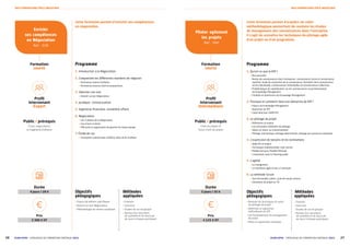27
26 ECAM-EPMI - CATALOGUE DE FORMATION CONTINUE 2021
ECAM-EPMI – CATALOGUE DE FORMATION CONTINUE 2021
NOS FORMATIONS PÔLE INDUSTRIE
NOS FORMATIONS PÔLE INDUSTRIE
Formation
courte
Profil
intervenant
Intermédiaire
Piloter agilement
les projets
Réf. : PAP
Cette formation permet d’acquérir un cadre
méthodologique permettant de conduire les études
de management des connaissances dans l’entreprise.
Il s’agit de connaître les techniques de pilotage agile
d’un projet ou d’un programme.
Durée
5 jours / 35 h
Prix
4 125 € HT
Programme
1. Qu’est-ce que le KM ?
	
| Nos postulats
	
| Notion de connaissances dans l’entreprise : connaissance tacite et connaissance
explicite, mode de conversion de la connaissance, formation de la connaissance
tacite individuelle, connaissances individuelles et connaissances collectives
	
| Problématique de capitalisation sur les connaissances et positionnement
du Knowledge Management
	
| Finalités et dimensions du Knowledge Management
2. Pourquoi et comment faire une démarche de KM ?
	
| Enjeux du Knowledge Management
	
| Approches du KM
	
| Cadre directeur GAMETH®
3. Le pilotage de projet
	
| Définitions et enjeux
	
| Les principales méthodes de pilotage
	
| Valeur et retour sur investissement
	
| Pilotage stochastique, pilotage déterministe, pilotage par processus empirique
4. L’expression de besoins et les estimations
	
| Objectifs et enjeux
	
| Techniques traditionnelles, User stories
	
| Modèle de Kano, Modèle MoSCoW
	
| L’estimation avec le Planning poker
5. L’agilité
	
| Le changement
	
| Le manifeste agile et ses 12 principes
6. La méthode Scrum
	
| Vue d’ensemble, piliers, cycle de travail, acteurs
	
| Simulation de projet en TD
Objectifs
pédagogiques
	
| Resituer les techniques et outils
du pilotage de projet
	
| Définition et approches
méthodiques du KM
	
| Les fondamentaux du management
de projet
	
| Mises en application pratiques
Méthodes
appliquées
	
| Exposés
	
| Exercices
	
| Études de cas en groupe
	
| Remise d’un document
de synthèse et du fascicule
de cours à chaque participant
Public / prérequis
Chefs de projets et
futurs Chefs de projets
Formation
courte
Profil
intervenant
Expert
Enrichir
ses compétences
en Négociation
Réf. : ECN
Cette formation permet d’enrichir ses compétences
en négociation.
Durée
4 jours / 28 h
Prix
3 300 € HT
Programme
1. Introduction à la Négociation
2. Comprendre les différentes manières de négocier
	
| Pertinence interne Go/NoGo
	
| Pertinence externe client et propositions
3. Valoriser son oral
	
| Devenir un bon Négociateur
4. Juridique : contractualiser
5. Ingénierie financière, rentabilité affaire
6. Négociation
	
| Les 5 phases de la Négociation
	
| Les erreurs à éviter
	
| Efficacité et organisation de gestion du temps équipe
7. Étude de cas
	
| Conception, planification d’affaire, bilan de fin d’affaire
Objectifs
pédagogiques
	
| Enjeux de métiers spécifiques
	
| Devenir un bon Négociateur
	
| Méthodologie de ventes complexes
Méthodes
appliquées
	
| Exposés
	
| Exercices
	
| Études de cas en groupe
	
| Remise d’un document
de synthèse et du fascicule
de cours à chaque participant
Public / prérequis
Futurs négociateurs
en Ingénierie d’affaires
 