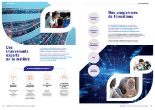 5
4 ECAM-EPMI – CATALOGUE DE FORMATION CONTINUE 2021
ECAM-EPMI – CATALOGUE DE FORMATION CONTINUE 2021
NOS FORMATIONS
NOS EXPERTS
Nos programmes
de formations
Nos offres de Formation Continue sont destinées
aux Ingénieurs et Techniciens souhaitant enrichir
leurs connaissances et compétences dans un domaine
spécifique, ou bien, aux personnes engagées
dans une démarche de reconversion professionnelle.
Nous allions méthodologie appliquée et compréhension des outils.
Notre force, une pédagogie tournée vers la pratique et la maîtrise des outils :
Word, Excel, technologies 4.0, pilotage des drones, compréhension
et initiation à l’impression 3D.
Conçues sur-mesure et déployées dans nos locaux ou au sein
de votre organisation, nos formations s’adaptent à vos besoins.
Les
Nouvelles
Mobilités
La
Transition
Énergétique
Les
Technologies
4.0
La Sécurité
des Systèmes
et des
Personnes
Véhicule autonome
et connecté,
drones,
route électrique,
cobotique.
Mix énergétique,
énergies
renouvelables,
développement
durable, Smart Grids,
éco-conception,
bâtiment intelligent.
Usine 4.0,
Big Data,
cloud computing,
internet des objets,
machine learning.
Cybersécurité,
vidéosurveillance,
télégestion, réseaux,
réglementation,
normalisation.
Formations
courtes
Formations
longues
Formations
sur-mesure
VAE
Mastère
Spécialisé
Des
intervenants
experts
en la matière
Les formations sont dispensées par un réseau
d’intervenants experts dans leurs domaines :
Ingénieurs, Managers, Dirigeants d’entreprise.
Toujours à la pointe de l’innovation, nos enseignants
et chercheurs ont la capacité de vous former
sur des modules spécifiques et pointus en Électronique
de puissance, Big Data, Nouvelles Énergies
ou encore Technologies 4.0.
4 axes pédagogiques majeurs :
 