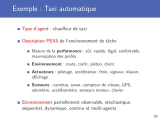 Exemple : Taxi automatique
Type d’agent : chauﬀeur de taxi
Description PEAS de l’environnement de tâche
Mesure de la performance : sûr, rapide, légal, confortable,
maximisation des proﬁts
Environnement : route, traﬁc, piéton, client
Actuateurs : pilotage, accélérateur, frein, signaux, klaxon,
aﬃchage
Senseurs : caméras, sonar, compteur de vitesse, GPS,
odomètre, accéléromètre, senseurs moteur, clavier
Environnement partiellement observable, stochastique,
séquentiel, dynamique, continu et multi-agents
20
 