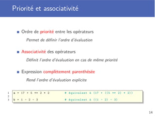 Types de données
Type numérique
Entier (int), ﬂottant (float) et complexe (complex)
Type chaine de caractères (str)
Délimitée par des guillemets simples (’) ou doubles (")
Type booléen (bool)
Deux valeurs possibles True et False
1 i = 12
2 f = 25.99
3 c = 3 - 2j
4 s = "Hello World!"
5 b = True
10
 