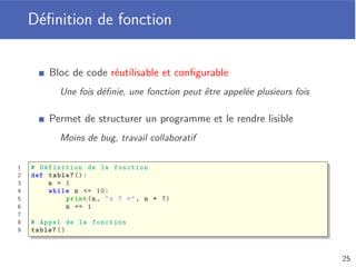 Instruction if
Exécution d’un bloc de code si une condition est vériﬁée
Dans tous les cas, le programme continue après l’instruction if
1 x = -5
2 if x <= 0:
3 print("x est négatif !")
4 print("sa valeur absolue vaut ", -x)
5
6 print("Fin du programme")
x est négatif !
sa valeur absolue vaut 5
Fin du programme
21
 