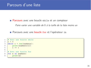 Valeur par défaut
Valeur par défaut déﬁnie avec la fonction
Valeur du paramètre si elle n’est pas spéciﬁée lors de l’appel
Utilisation des paramètres nommés lors de l’appel
1 # Définition de la fonction
2 def table(base , start =1, length =10):
3 n = start
4 while n < start + length:
5 print(n, "x", base , "=", n * base)
6 n += 1
7
8 # Appels de la fonction
9 table (8, 5, 2)
10 table (8)
11 table (8, 5)
12 table (8, length =2)
27
 
