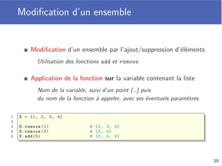 Déﬁnition par compréhension
La boucle for permet d’itérer sur les éléments d’une séquence
Déﬁnition par compréhension de séquences
1 # Boucle while
2 squares = []
3 i = 0
4 while i <= 100:
5 squares.append(i ** 2)
6 i += 1
7
8 # Boucle for
9 squares = []
10 for i in range (101):
11 squares.append(i ** 2)
12
13 # Définition par compréhension
14 squares = [i ** 2 for i in range (101)]
35
 