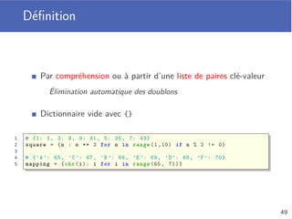 Somme des éléments d’un ensemble
On déclare une variable sum pour la somme
On parcourt les éléments de l’ensemble en mettant sum à jour
On renvoie la somme
1 def sumElements(S):
2 sum = 0
3 for elem in S:
4 sum += elem
5 return sum
6
7 S = {1, 2, 3}
8 print(sumElements (S)) # 6
45
 