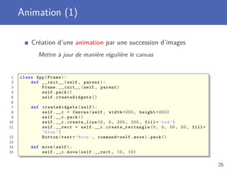 Animation (1)
Création d’une animation par une succession d’images
Mettre à jour de manière régulière le canvas
1 class App(Frame):
2 def __init__(self , parent):
3 Frame.__init__(self , parent)
4 self.pack ()
5 self. createWidgets ()
6
7 def createWidgets (self):
8 self.__c = Canvas(self , width =200 , height =200)
9 self.__c.pack ()
10 self.__c.create_line (0, 0, 200, 200, fill=’red ’)
11 self.__rect = self.__c. create_rectangle (0, 0, 50, 50, fill=
’blue ’)
12 Button(text=’Move ’, command=self.move).pack ()
13
14 def move(self):
15 self.__c.move(self.__rect , 10, 10)
25
 