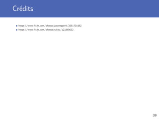 Crédits
https://www.ﬂickr.com/photos/jasoneppink/2081701562
https://www.ﬂickr.com/photos/rakka/123380632
39
 