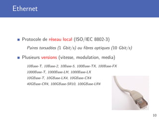 Ethernet
Protocole de réseau local (ISO/IEC 8802-3)
Paires torsadées (1 Gbit/s) ou ﬁbres optiques (10 Gbit/s)
Plusieurs versions (vitesse, modulation, media)
10Base-T, 10Base-2, 10Base-5, 100Base-TX, 100Base-FX
1000Base-T, 1000Base-LH, 1000Base-LX
10GBase-T, 10GBase-LX4, 10GBase-CX4
40GBase-CR4, 100GBase-SR10, 100GBase-LR4
10
 