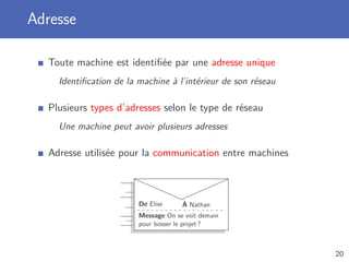 Adresse
Toute machine est identiﬁée par une adresse unique
Identiﬁcation de la machine à l’intérieur de son réseau
Plusieurs types d’adresses selon le type de réseau
Une machine peut avoir plusieurs adresses
Adresse utilisée pour la communication entre machines
De Elise À Nathan
Message On se voit demain
pour bosser le projet ?
20
 