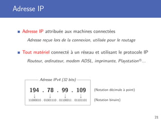 Adresse IP
Adresse IP attribuée aux machines connectées
Adresse reçue lors de la connexion, utilisée pour le routage
Tout matériel connecté à un réseau et utilisant le protocole IP
Routeur, ordinateur, modem ADSL, imprimante, Playstation R
...
Adresse IPv4 (32 bits)
194 . 78 . 99 . 109
11000010 . 01001110 . 01100011 . 01101101
(Notation décimale à point)
(Notation binaire)
21
 