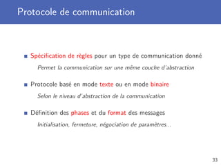 Protocole de communication
Spéciﬁcation de règles pour un type de communication donné
Permet la communication sur une même couche d’abstraction
Protocole basé en mode texte ou en mode binaire
Selon le niveau d’abstraction de la communication
Déﬁnition des phases et du format des messages
Initialisation, fermeture, négociation de paramètres...
33
 