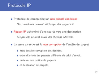 Protocole IP
Protocole de communication non orienté connexion
Deux machines peuvent s’échanger des paquets IP
Paquet IP acheminé d’une source vers une destination
Les paquets peuvent suivre des chemins diﬀérents
La seule garantie est la non corruption de l’entête du paquet
mais possible corruption des données,
ordre d’arrivée des paquets diﬀérents de celui d’envoi,
perte ou destruction de paquets,
et duplication de paquets
34
 