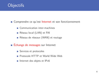 Objectifs
Comprendre ce qu’est Internet et son fonctionnement
Communication inter-machines
Réseau local (LAN) et FAI
Réseau de réseaux (WAN) et routage
Échange de messages sur Internet
Services et protocoles
Protocole HTTP et World Wide Web
Internet des objets et IPv6
4
 