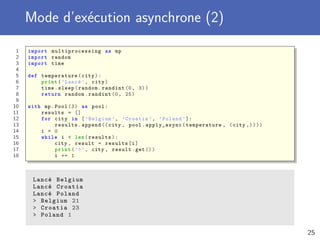Mode d’exécution asynchrone (2)
1 import multiprocessing as mp
2 import random
3 import time
4
5 def temperature(city):
6 print(’Lancé ’, city)
7 time.sleep(random.randint (0, 3))
8 return random.randint (0, 25)
9
10 with mp.Pool (3) as pool:
11 results = []
12 for city in [’Belgium ’, ’Croatia ’, ’Poland ’]:
13 results.append ((city , pool. apply_async (temperature , (city ,))))
14 i = 0
15 while i < len(results):
16 city , result = results[i]
17 print(’>’, city , result.get ())
18 i += 1
Lancé Belgium
Lancé Croatia
Lancé Poland
> Belgium 21
> Croatia 23
> Poland 1
25
 