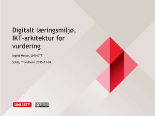 Digitalt læringsmiljø,
IKT-arkitektur for
vurdering
Ingrid Melve, UNINETT
SUHS, Trondheim 2015-11-04
 