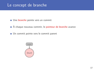 Le concept de branche
Une branche pointe vers un commit
À chaque nouveau commit, le pointeur de branche avance
Un commit pointe vers le commit parent
82ea19
master
17
 