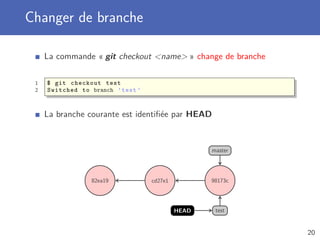 Changer de branche
La commande « git checkout name » change de branche
1 $ git checkout test
2 Switched to branch ’test ’
La branche courante est identiﬁée par HEAD
82ea19 cd27e1 98173c
master
testHEAD
20
 