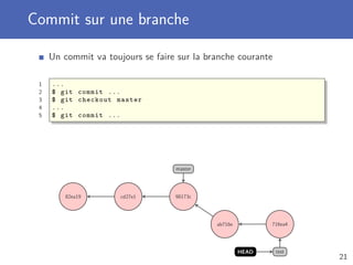 Commit sur une branche
Un commit va toujours se faire sur la branche courante
1 ...
2 $ git commit ...
3 $ git checkout master
4 ...
5 $ git commit ...
82ea19 cd27e1 98173c
ab716e 716ea4
master
testHEAD
21
 