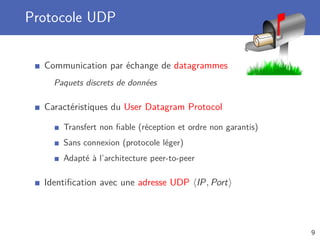 Protocole UDP
Communication par échange de datagrammes
Paquets discrets de données
Caractéristiques du User Datagram Protocol
Transfert non ﬁable (réception et ordre non garantis)
Sans connexion (protocole léger)
Adapté à l’architecture peer-to-peer
Identiﬁcation avec une adresse UDP IP, Port
9
 
