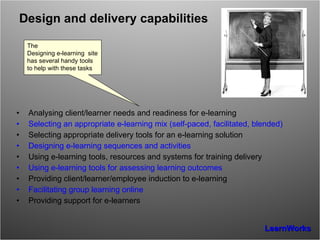 Design and delivery capabilities Analysing client/learner needs and readiness for e-learning Selecting an appropriate e-learning mix (self-paced, facilitated, blended) Selecting appropriate delivery tools for an e-learning solution Designing e-learning sequences and activities Using e-learning tools, resources and systems for training delivery Using e-learning tools for assessing learning outcomes Providing client/learner/employee induction to e-learning Facilitating group learning online Providing support for e-learners  The  Designing e-learning   site has several handy tools to help with these tasks 