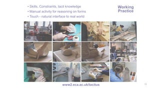 11
• Skills, Constraints, tacit knowledge
• Manual activity for reasoning on forms
• Touch - natural interface to real world
Working
Practice
www2.eca.ac.uk/tacitus
 