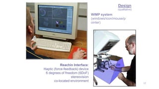 12
Reachin Interface:
Haptic (force-feedback) device
6 degrees of freedom (6DoF)
stereovision
co-located environment
Design
(qualitative)
WIMP system
(windows/icon/mouse/p
ointer)
 