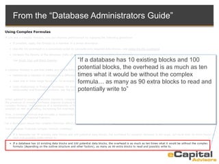 From the “Database Administrators Guide”
“If a database has 10 existing blocks and 100
potential blocks, the overhead is as much as ten
times what it would be without the complex
formula… as many as 90 extra blocks to read and
potentially write to”
 