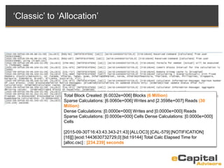 Total Block Created: [6.0032e+006] Blocks (6 Million)
Sparse Calculations: [6.0060e+006] Writes and [2.3598e+007] Reads (30
Million)
Dense Calculations: [0.0000e+000] Writes and [0.0000e+000] Reads
Sparse Calculations: [0.0000e+000] Cells Dense Calculations: [0.0000e+000]
Cells
[2015-09-30T16:43:43.343-21:43] [ALLOC3] [CAL-579] [NOTIFICATION]
[16][] [ecid:1443630732729,0] [tid:19144] Total Calc Elapsed Time for
[alloc.csc] : [234.239] seconds
‘Classic’ to ‘Allocation’
 