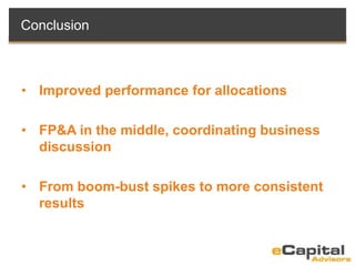 Conclusion
• Improved performance for allocations
• FP&A in the middle, coordinating business
discussion
• From boom-bust spikes to more consistent
results
 
