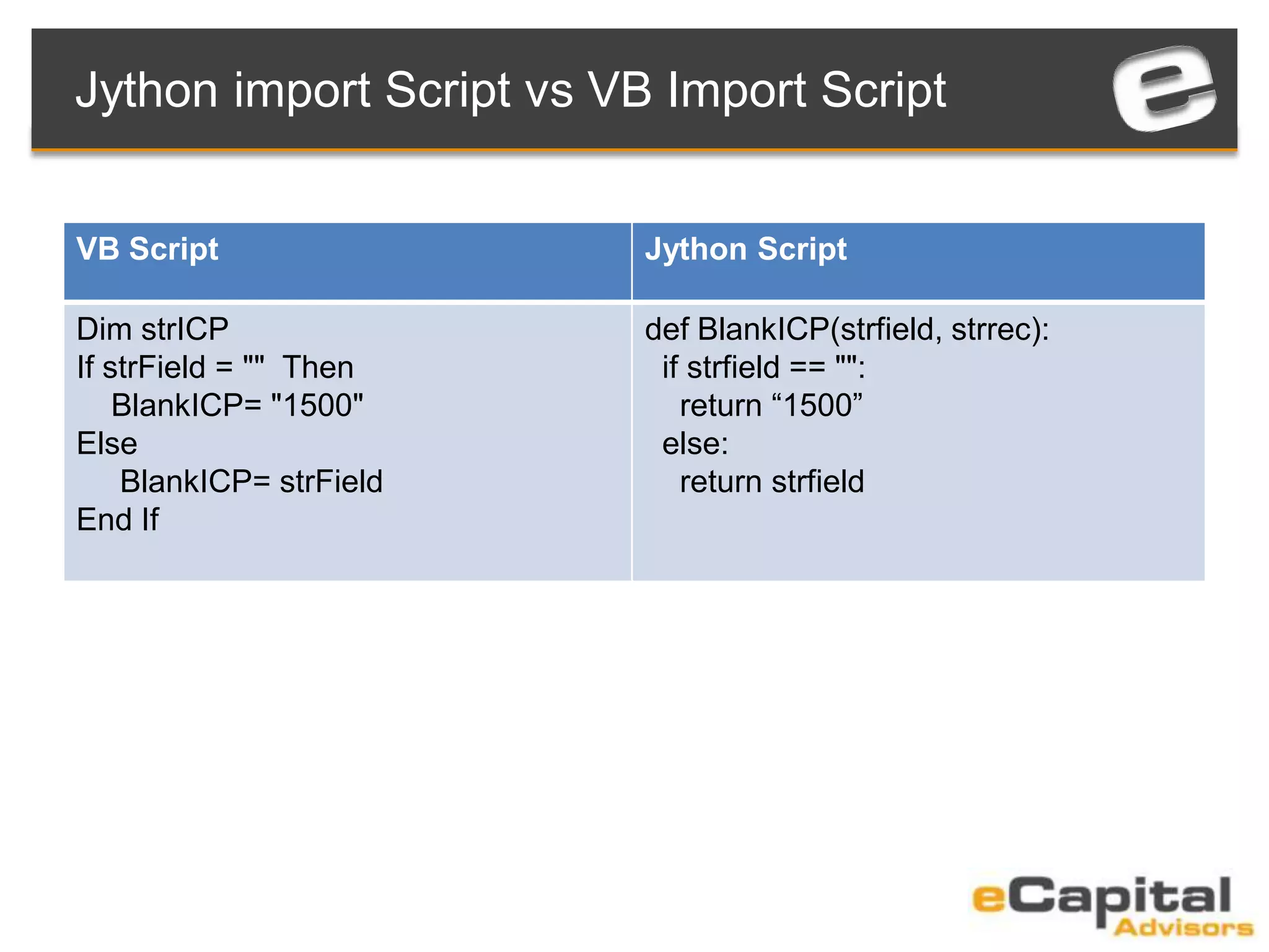 Jython import Script vs VB Import Script
VB Script Jython Script
Dim strICP
If strField = "" Then
BlankICP= "1500"
Else
BlankICP= strField
End If
def BlankICP(strfield, strrec):
if strfield == "":
return “1500”
else:
return strfield
 