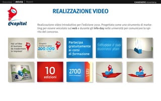 Overview   Attività   Report                                                                                    CANENERO Advertising




                                           REALIZZAZIONE VIDEO

                               Realizzazione video introduttivo per l’edizione 2010. Progettato come uno strumento di marke-
                               ting per essere veicolato sul web e durante gli info-day nelle università per comunicare lo spi-
                               rito del concorso.
 
