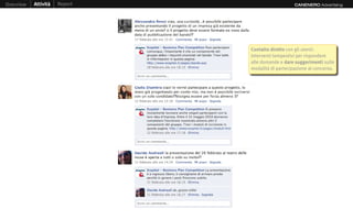 Overview   Attività   Report                       CANENERO Advertising




                               Contatto diretto con gli utenti.
                               Interventi tempestivi per rispondere
                               alle domande e dare suggerimenti sulle
                               modalità di partecipazione al concorso.
 