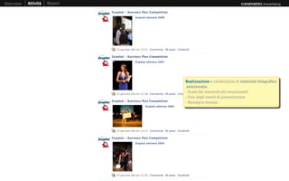 Overview   Attività   Report                                   CANENERO Advertising




                               Realizzazione e condivisione di materiale fotografico
                                selezionato:
                               - Scatti dei momenti più emozionanti
                               - Foto degli eventi di presentazione
                               - Rassegna stampa
 