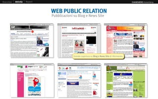 Overview   Attività   Report                                                                       CANENERO Advertising




                               WEB PUBLIC RELATION
                               Pubblicazioni su Blog e News Site




                                            Grande copertura su Blog e News Site di riferimento.
 