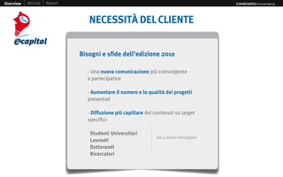 Overview   Attività   Report                                                                CANENERO Advertising




                                  NECESSITÀ DEL CLIENTE


                               Bisogni e sfide dell’edizione 2010

                                 - Una nuova comunicazione più coinvolgente
                                 e partecipativa

                                 - Aumentare il numero e la qualità dei progetti
                                 presentati

                                 - Diffusione più capillare dei contenuti su target
                                 specifici:

                                  Studenti Universitari
                                                                 dei 4 atenei marchigiani
                                  Laureati
                                  Dottorandi
                                  Ricercatori
 