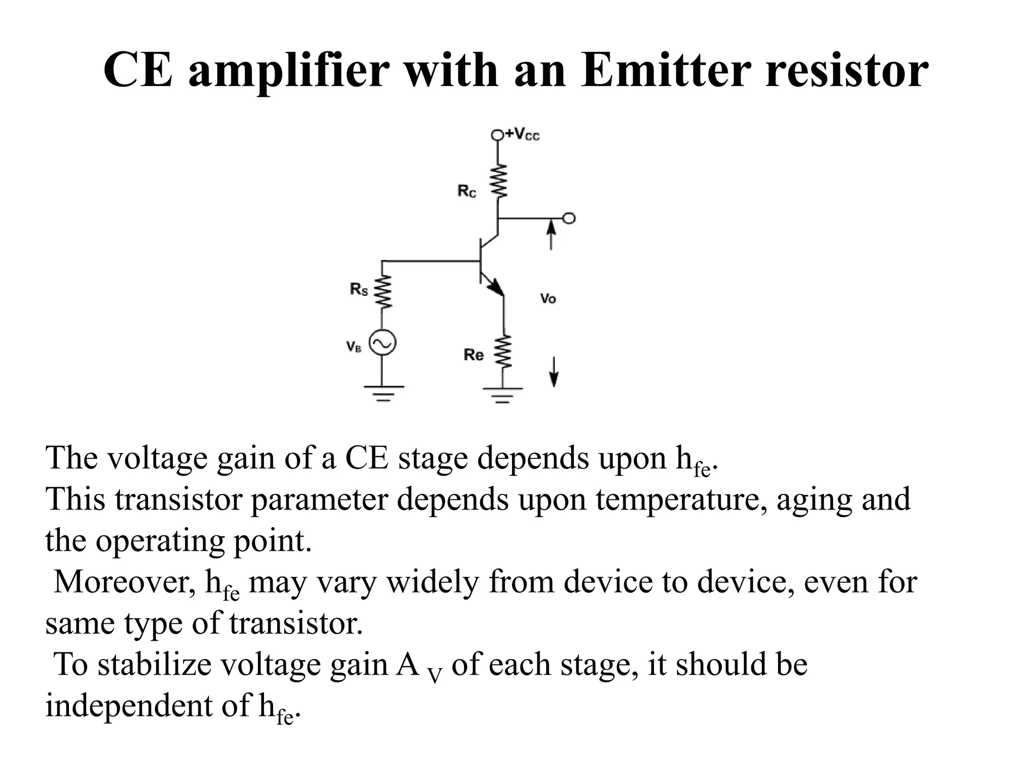 CE amplifier with an Emitter resistor
The voltage gain of a CE stage depends upon hfe.
This transistor parameter depends upon temperature, aging and
the operating point.
Moreover, hfe may vary widely from device to device, even for
same type of transistor.
To stabilize voltage gain A V of each stage, it should be
independent of hfe.
 