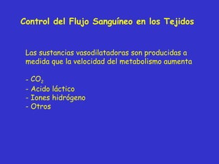 Control del Flujo Sanguíneo en los Tejidos  Las sustancias vasodilatador a s son producidas a medida que la velocidad del metabolismo aumenta CO 2   Acido láctico Iones hidrógeno Otros 