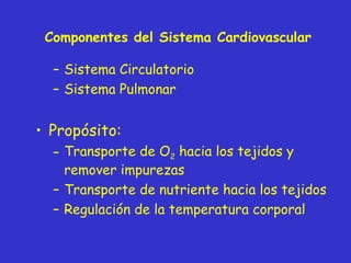 Componentes del Sistema Cardiovascular Sistema Circulatorio Sistema Pulmonar Propósito: Transporte de O 2  hacia los tejidos y remover impurezas Transporte de nutriente hacia los tejidos Regulación de la temperatura corporal 