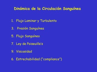 Din ámica de la Circulación Sanguínea Flujo Laminar y Turbulento Presión Sanguínea Flujo Sanguíneo Ley de Poiseuille’s Viscosidad 6.  Estrechabilidad (“compliance”) 