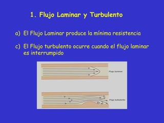 1. Flujo Laminar y Turbulento El Flujo Laminar produce la mínima resistencia El Flujo turbulento ocurre cuando el flujo laminar es interrumpido  