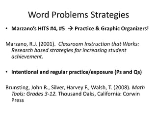 Word Problems Strategies
• Marzano’s HITS #4, #5  Practice & Graphic Organizers!

Marzano, R.J. (2001). Classroom Instruction that Works:
 Research based strategies for increasing student
 achievement.

• Intentional and regular practice/exposure (Ps and Qs)

Brunsting, John R., Silver, Harvey F., Walsh, T. (2008). Math
  Tools: Grades 3-12. Thousand Oaks, California: Corwin
  Press
 