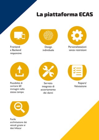 La piattaforma ECAS
Frontend
e Backend
responsive
Design
individuale
Personalizzazioni
senza restrizioni
Possibilità di
caricare 60
immagini nello
stesso tempo
Servizio
integrato di
accertamento
dei danni
Report/
Valutazione
Facile
archiviazione dei
veicoli grazie ai
dati Infocar
 