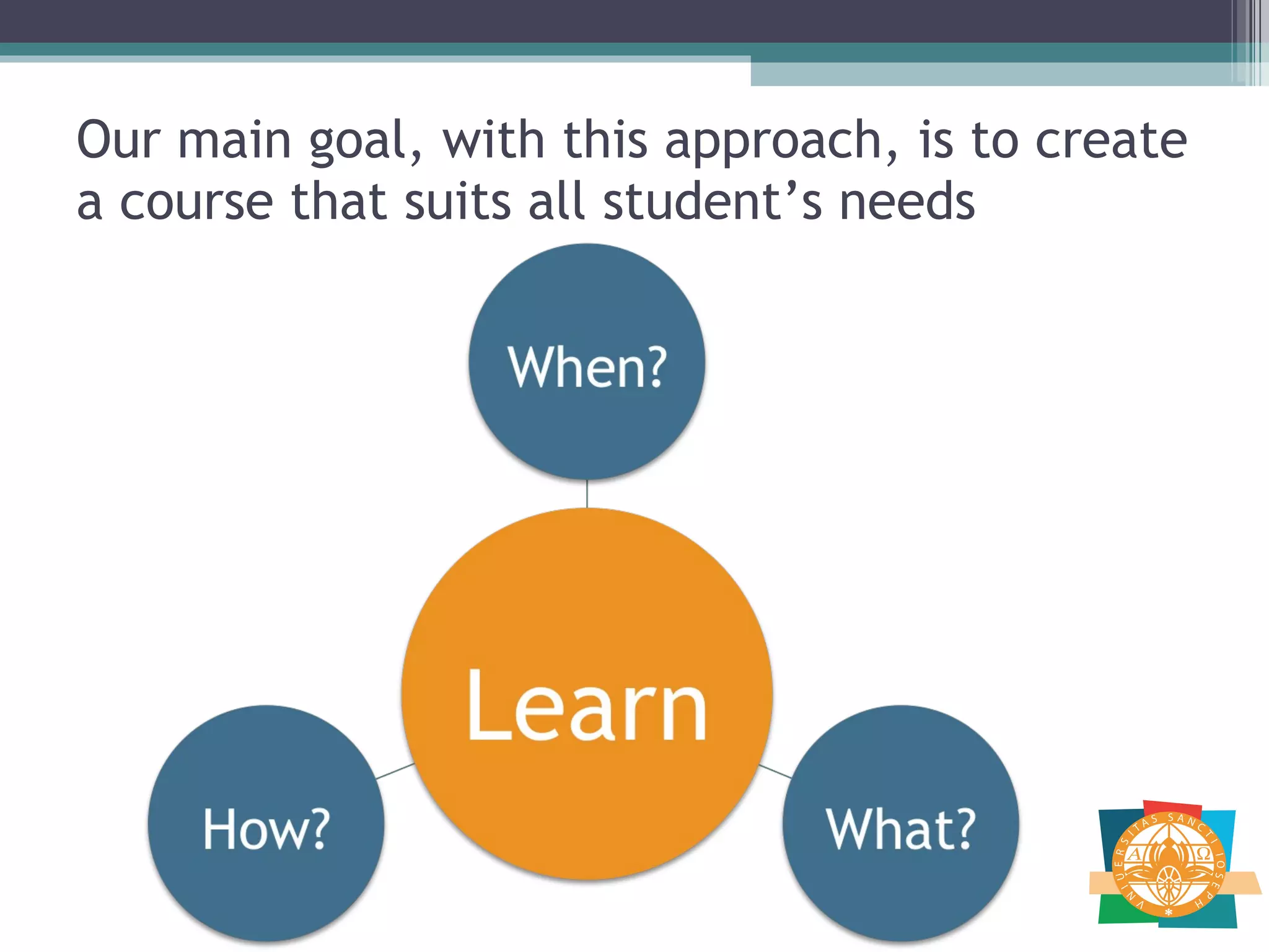 Our main goal, with this approach, is to create a course that suits all student’s needs 