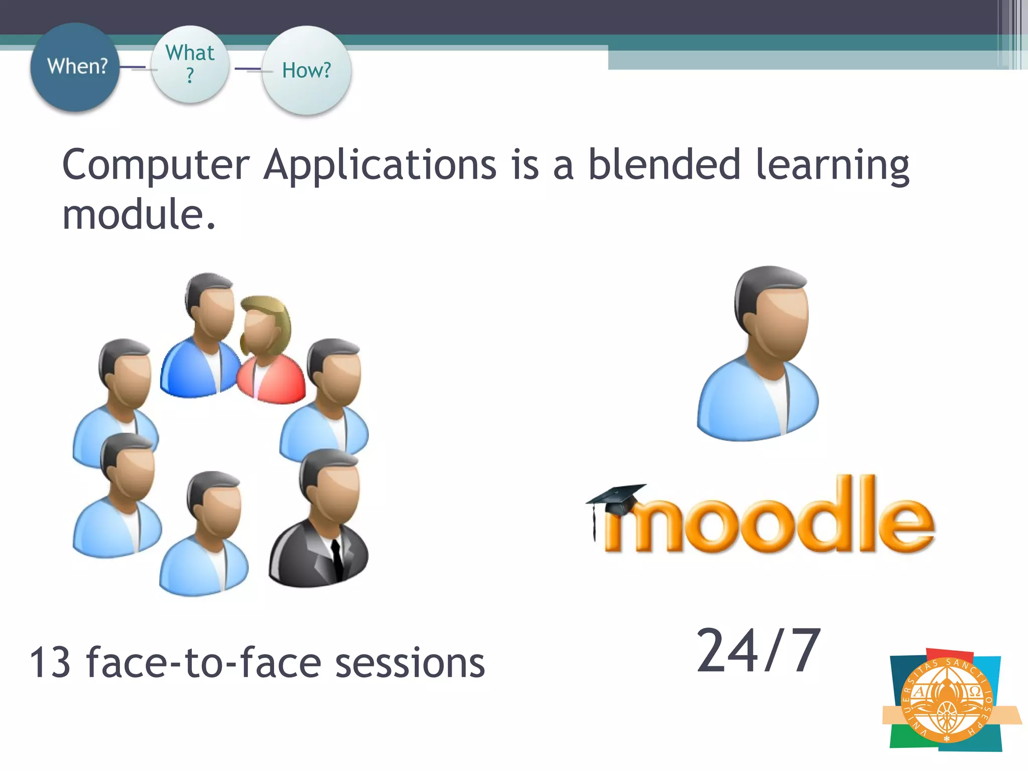 Computer Applications is a blended learning module. 24/7 How? 13 face-to-face sessions What? 