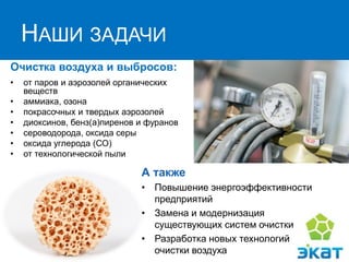 НАШИ ЗАДАЧИ
Очистка воздуха и выбросов:
• от паров и аэрозолей органических
веществ
• аммиака, озона
• покрасочных и твердых аэрозолей
• диоксинов, бенз(а)пиренов и фуранов
• сероводорода, оксида серы
• оксида углерода (СО)
• от технологической пыли
А также
• Повышение энергоэффективности
предприятий
• Замена и модернизация
существующих систем очистки
• Разработка новых технологий
очистки воздуха
 