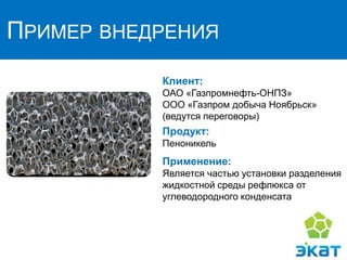 ПРИМЕР ВНЕДРЕНИЯ
Клиент:
ОАО «Газпромнефть-ОНПЗ»
ООО «Газпром добыча Ноябрьск»
(ведутся переговоры)
Продукт:
Пеноникель
Применение:
Является частью установки разделения
жидкостной среды рефлюкса от
углеводородного конденсата
 
